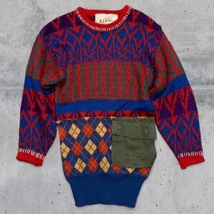 $260 Riley 1880 Vintage Sweater Dress Military Cargo Pocket Whipstitch Argyle